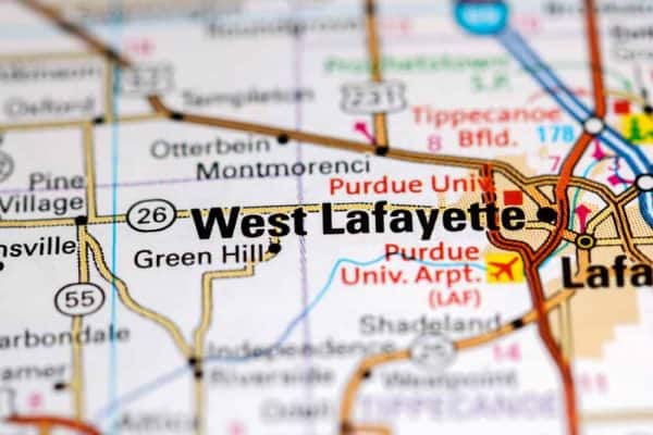 West Lafayette. Indiana. USA on a map